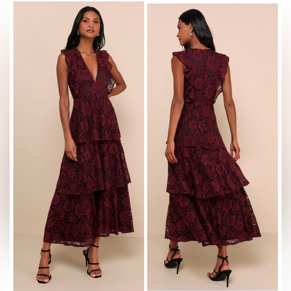 Lulus Molinetto Burgundy Lace Ruffled Tiered Sleeveless Maxi Dress Size Medium